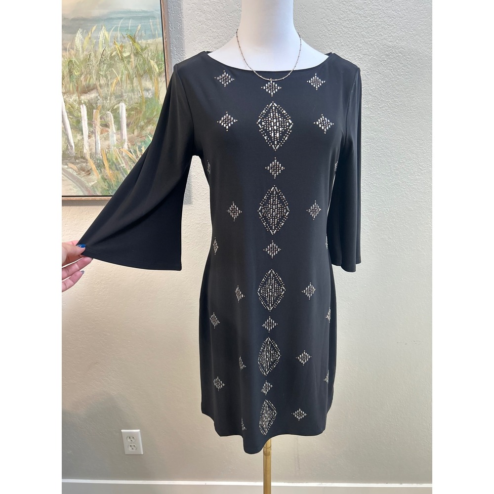 White House Black Market Black Studded Sheath Dress Petite Small SP Bell Sleeve - Picture 2 of 9